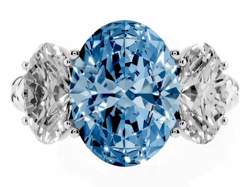Fancy Blue Oval Cut Diamond Three-Stone Ring Set in Silver with Braided Band