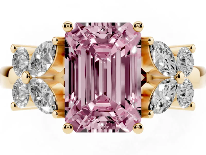 Emerald Cut Floral Engagement Ring Setting for a Fancy Pink Lab-Grown Diamond | Yellow Gold