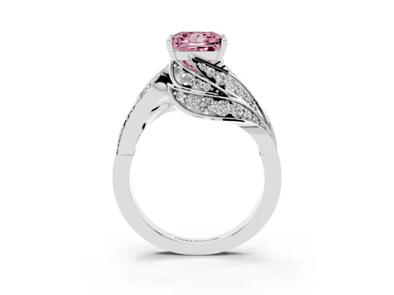Fancy Pink Princess Cut Diamond Solitaire Ring Set in White gold with Layered Twist Pavé Band