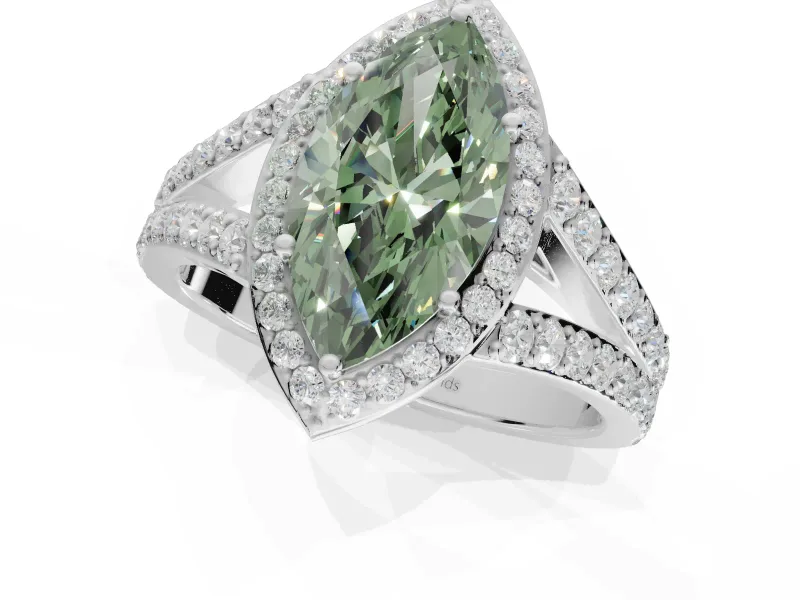 Marquise Halo Pavé Engagement Ring Setting for a Fancy Green Lab-Grown Diamond | Narrow Split Shank | White Gold