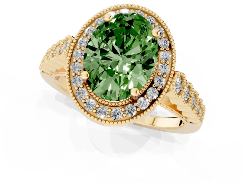 Oval Milgrain Halo Engagement Ring Setting for a Fancy Green Lab-Grown Diamond | Graduated Bezel Accents | Yellow Gold