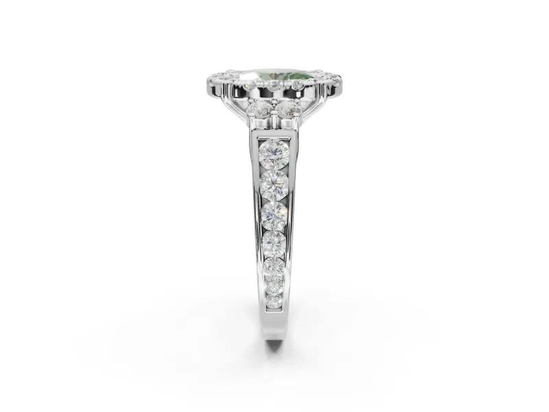 Oval Halo Engagement Ring Setting for a Fancy Green Lab-Grown Diamond | Side Clusters | Platinum