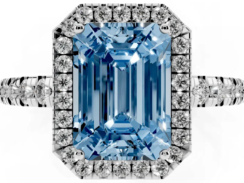 Fancy Blue Emerald Cut Diamond Halo Ring Set in Silver with Delicate Pavé Band and Prong Setting