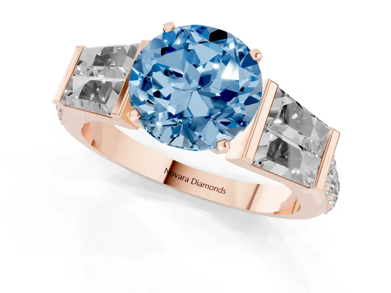 Fancy Blue Round Cut Diamond Engagement Ring Set in Rose gold with Baguette Side Stones and Channel Set Band