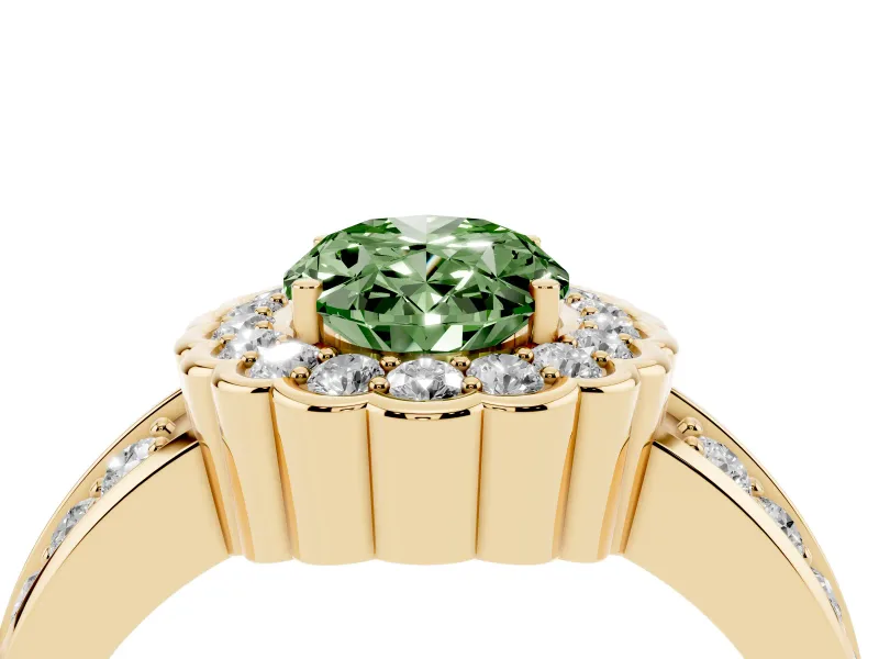Fancy Green Oval Cut Diamond Scalloped Halo Ring Set in Yellow gold with Pavé Split Shank