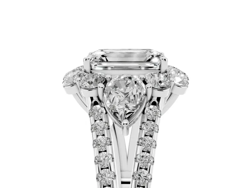 Emerald Cut Diamond Halo Split Shank Engagement Ring Set in White gold with Prong-Held Center Stone
