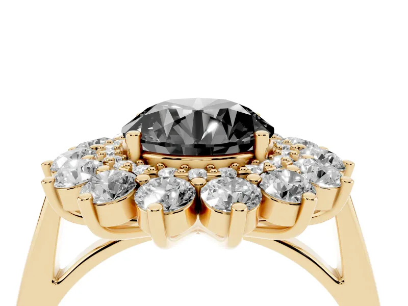 Round Floral Double Halo Engagement Ring Setting for a Black Center | Plain Band | Yellow Gold