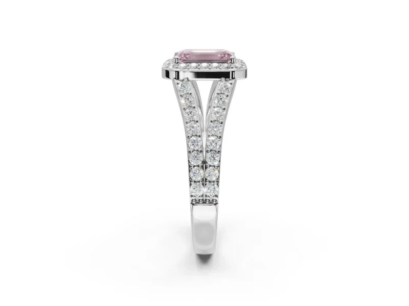 Emerald Cut Halo Pavé Engagement Ring Setting for a Fancy Pink Lab-Grown Diamond | Narrow Split Shank | Platinum