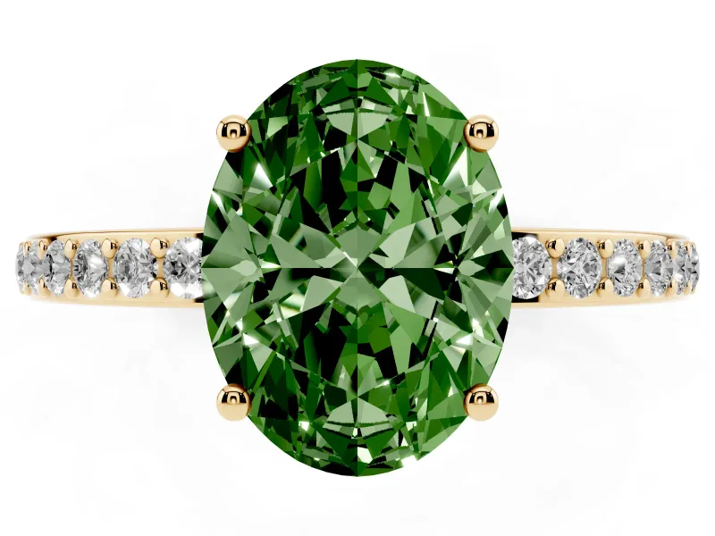 Fancy Green Oval Cut Diamond Pavé Band Ring Set in Yellow gold with Prong-Set Center Stone