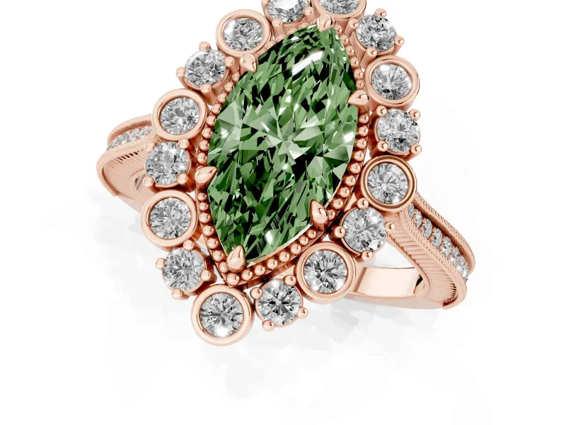 Fancy Green Marquise Cut Diamond Halo Milgrain Pavé Ring Set in Rose gold with Prong Setting