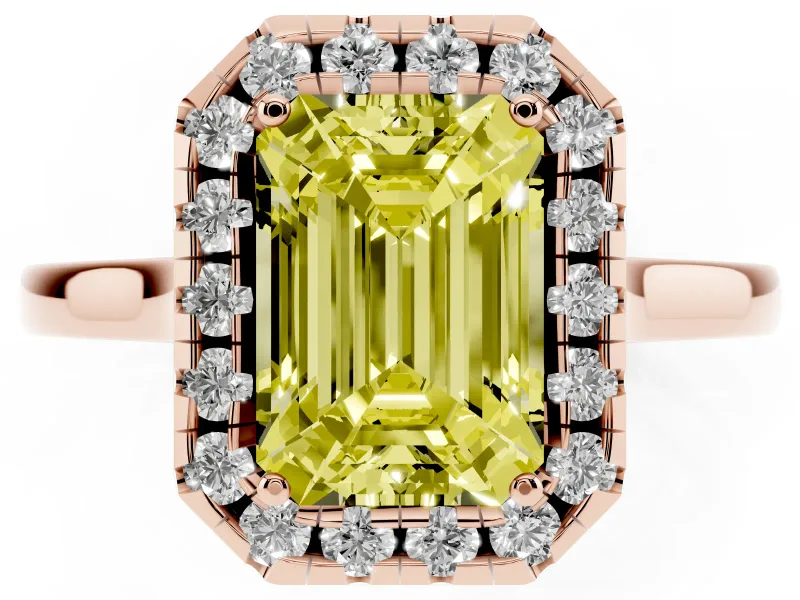 Fancy Yellow Emerald Cut Halo Round Diamond Solitaire Ring Set in Rose gold with Pavé Band and Prong Setting