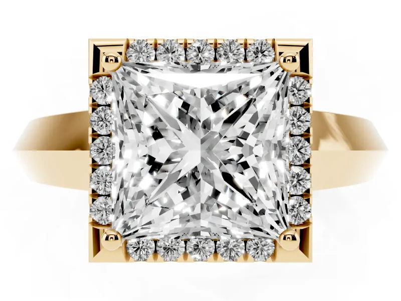 Princess Cut Diamond Halo Ring Set in Yellow gold with Cathedral Band and Prong Setting
