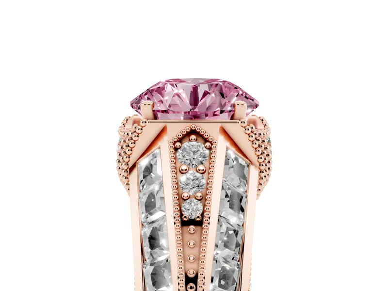 Fancy Pink Round Cut Diamond Vintage-Inspired Milgrain Ring Set in Rose gold with Accent Split Shank