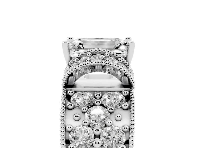 Emerald Cut Vintage Milgrain Pave Engagement Ring Setting | Crescent Side Rows | White Gold
