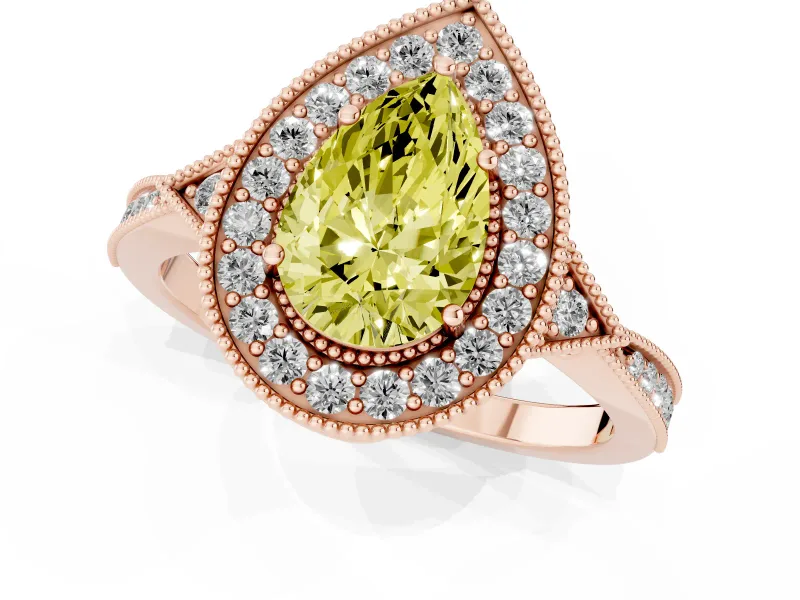 Fancy Yellow Pear Cut Diamond Halo Engagement Ring Set in Rose gold with Milgrain Pavé Band