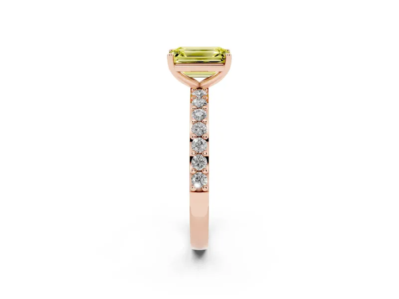 Fancy Yellow Emerald Cut Diamond Solitaire Set in Rose gold with Round Pavé Band and Prong Setting