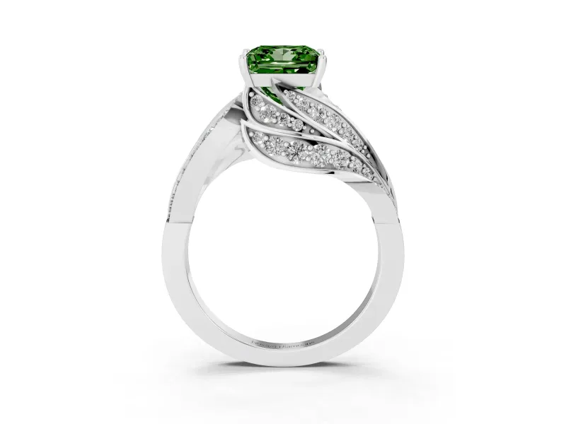Fancy Green Princess Cut Diamond Solitaire Ring Set in Silver with Layered Twist Pavé Band