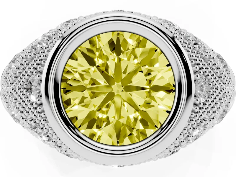 Fancy Yellow Round Cut Diamond Bezel Ring Set in White gold with Milgrain Accent Band