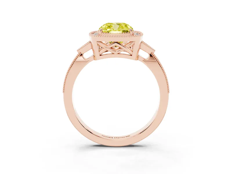Cushion Cut Milgrain Halo Engagement Ring Setting for a Fancy Yellow Lab-Grown Diamond | Graduated Pavé | Rose Gold