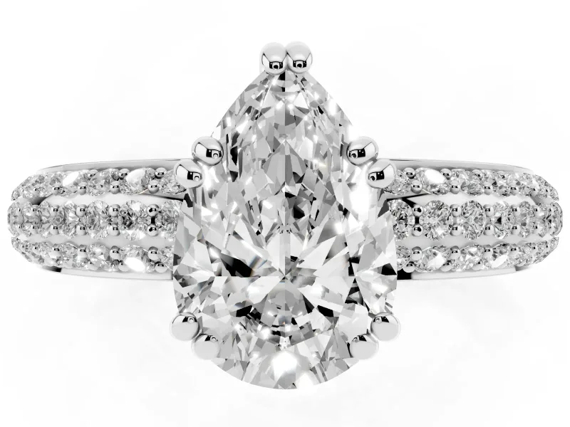 Pear-Shaped Three Row Pave Solitaire Engagement Ring Setting | Double Claw Prongs | White Gold