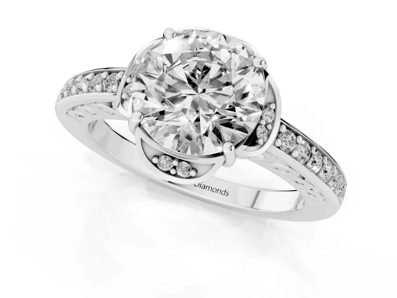 Round Floral Pavé Engagement Ring Setting | Petal Accents | White Gold