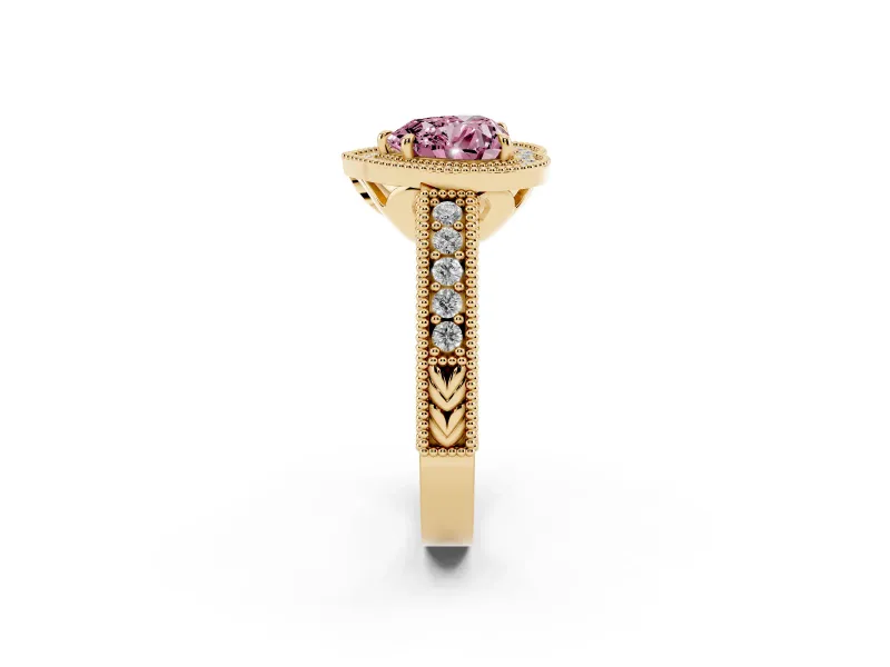 Fancy Pink Heart Cut Diamond Halo Ring Set in Yellow gold with Round Accent Halo, Pavé Band and Prong Setting