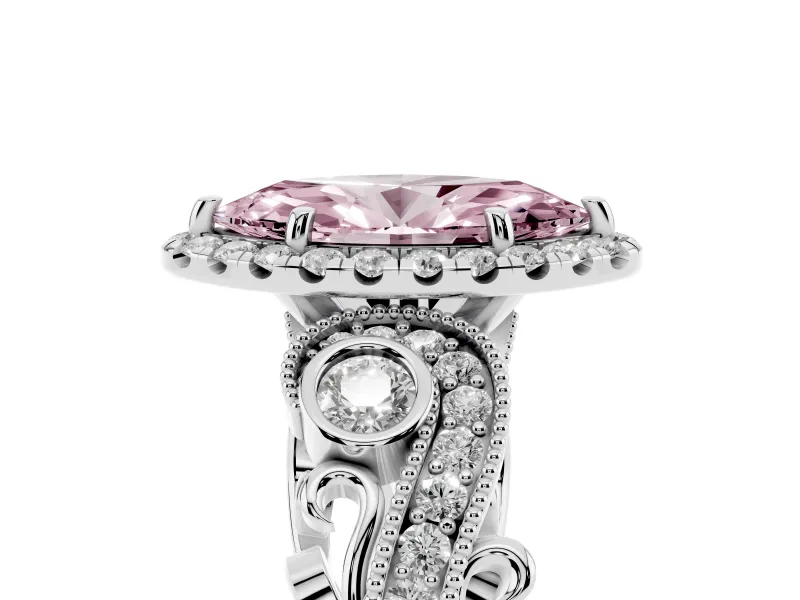 Fancy Pink Marquise Cut Diamond Halo Ring Set in Silver with Milgrain Pavé Band and Prong Setting