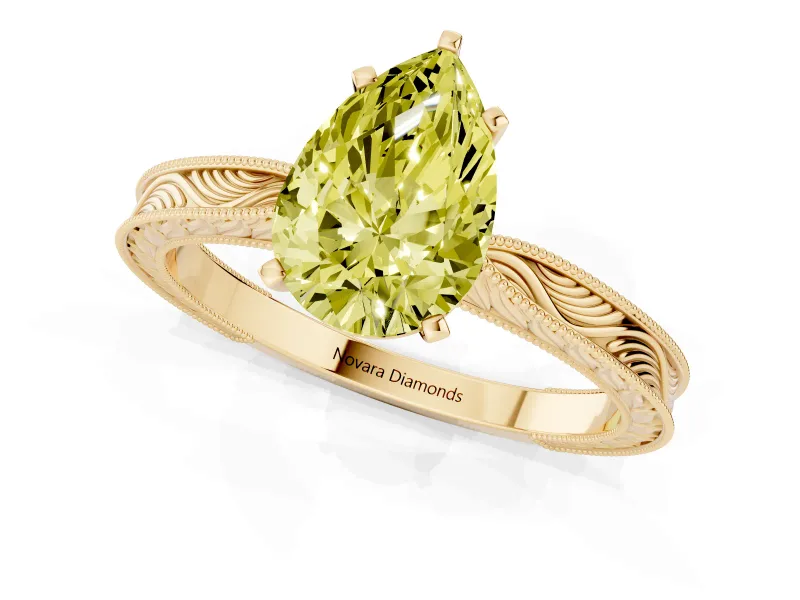 Pear-Shaped Engraved Engagement Ring Setting for a Fancy Yellow Lab-Grown Diamond | Yellow Gold