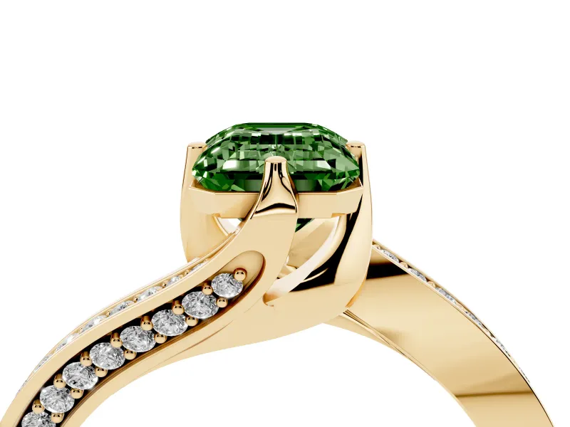 Emerald Cut Bypass Pavé Engagement Ring Setting for a Fancy Green Lab-Grown Diamond | Swept Shoulders | Yellow Gold