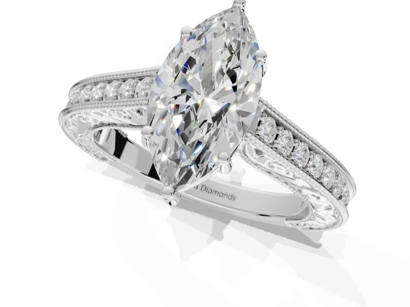 Marquise Vintage Engraved Pavé Engagement Ring Setting | Milgrain Edges | White Gold