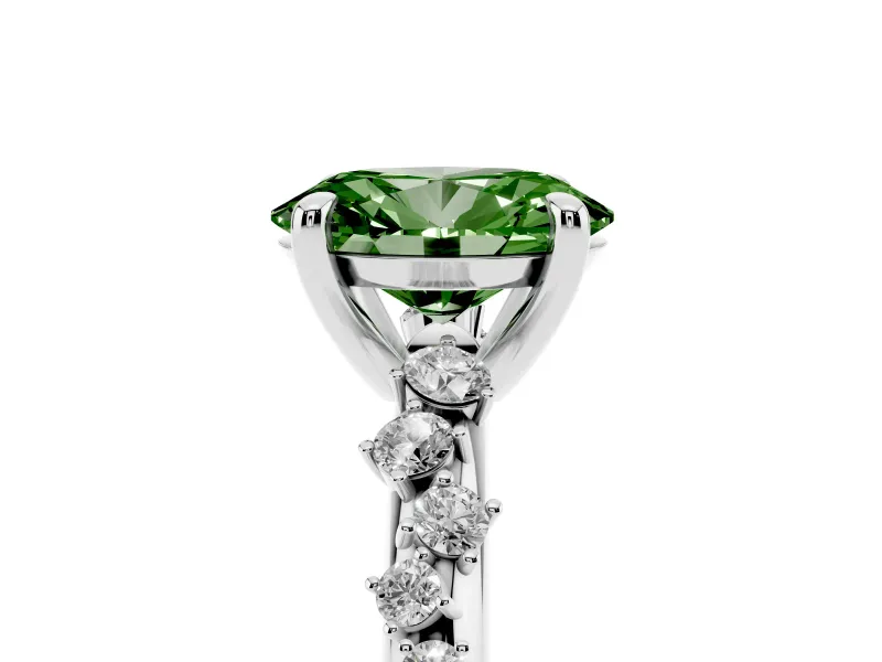 Fancy Green Oval Cut Diamond Solitaire Vine Band Ring Set in White gold with Round Accents and Prong Setting