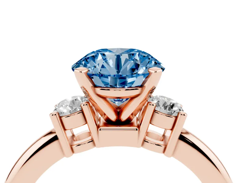 Round Three Stone Engagement Ring Setting for a Fancy Blue Lab-Grown Diamond | Round Side Stones | Rose Gold