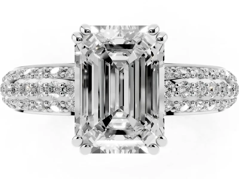 Emerald Cut Three Row Pave Solitaire Engagement Ring Setting | Double Claw Prongs | White Gold