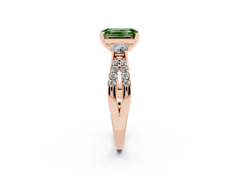 Fancy Green Emerald Cut Diamond Three-Stone Ring Set in Rose gold with Pavé Split Shank and Prong Setting