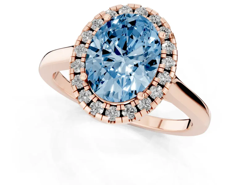 Fancy Blue Oval Cut Halo Round Diamond Solitaire Ring Set in Rose gold with Pavé Band and Prong Setting