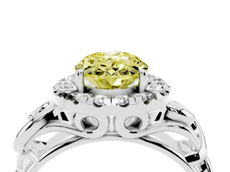 Fancy Yellow Oval Cut Diamond Halo Ring Set in Silver with Scrollwork Band and Prong Setting