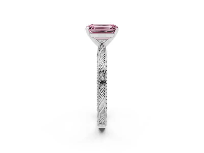 Fancy Pink Emerald Cut Diamond Solitaire Milgrain Engraved Band Set in Silver with Prong Setting