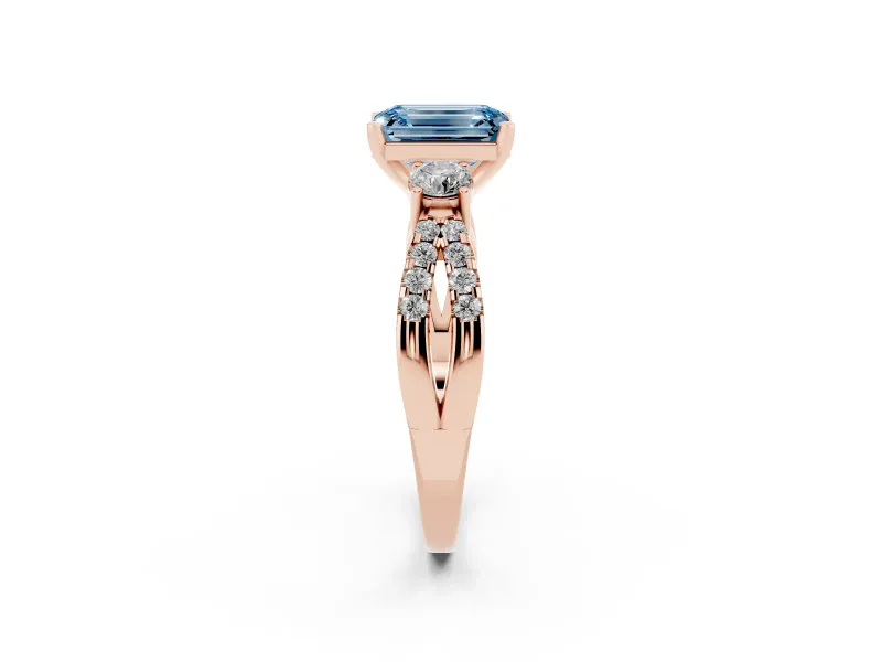 Emerald Cut Three Stone Engagement Ring Setting for a Fancy Blue Lab-Grown Diamond | Rose Gold