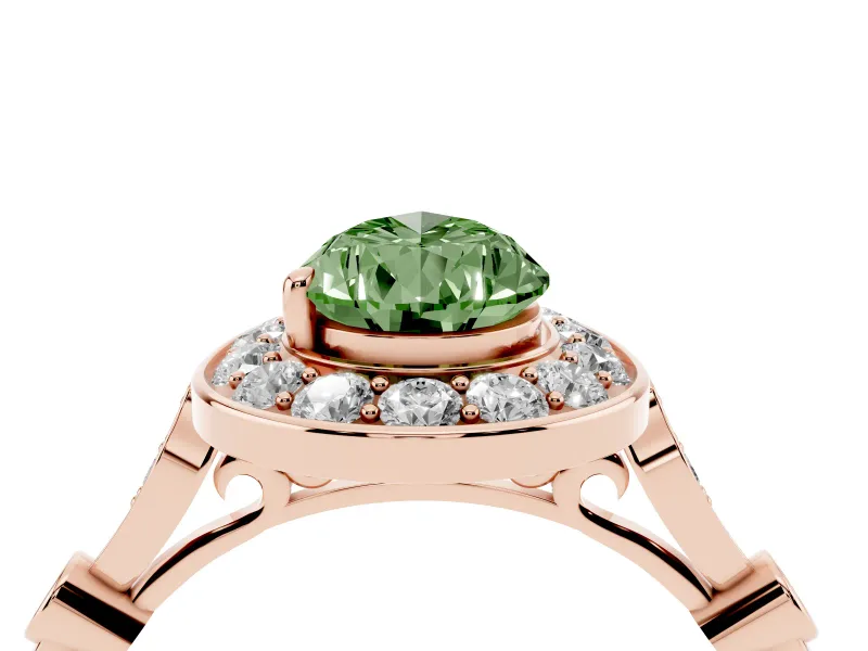 Fancy Green Pear Cut Diamond Halo Engagement Ring Set in Rose gold with Twisted Band and Prong Setting