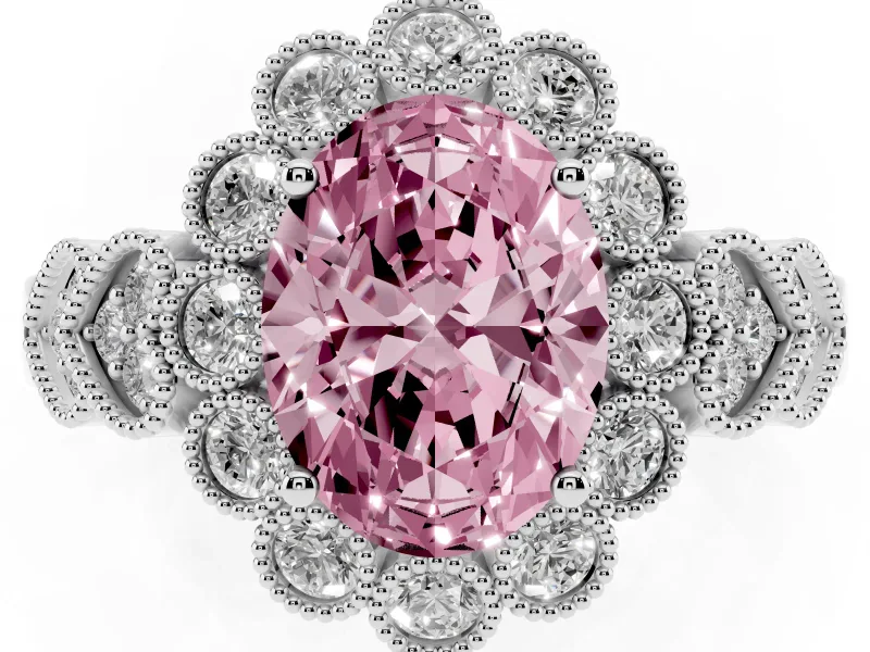 Oval Scalloped Halo Engagement Ring Setting for a Fancy Pink Lab-Grown Diamond | Heart Pavé Band | White Gold
