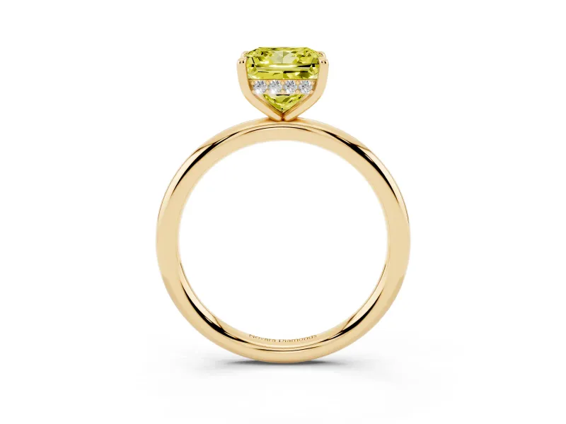 Fancy Yellow Princess Cut Diamond Solitaire Ring Set in Yellow gold with Thin Band and Prong Setting