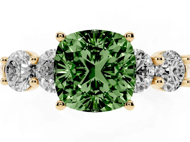 Cushion Cut Five Stone Engagement Ring Setting for a Fancy Green Lab-Grown Diamond | Prong Set Side Stones | Yellow Gold