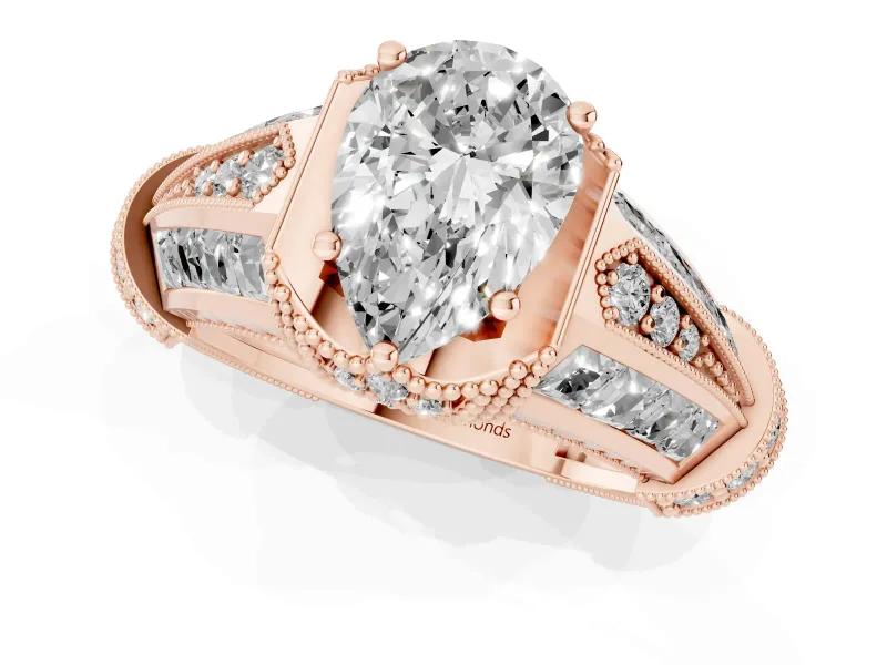Pear Cut Diamond Vintage-Inspired Milgrain Ring Set in Rose gold with Accent Split Shank