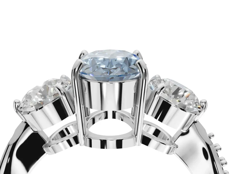 Oval Three Stone Engagement Ring Setting for a Fancy Blue Lab-Grown Diamond | Tapered Pave Band | Platinum