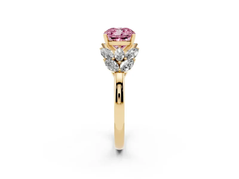 Fancy Pink Cushion Cut Diamond Cluster Leaf Design Ring Set in Yellow gold with Prong Setting