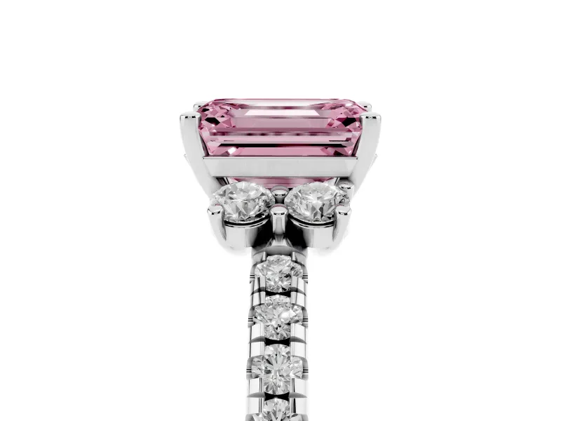 Emerald Cut Side Stone Engagement Ring Setting for a Fancy Pink Lab-Grown Diamond | Pave Band | Sterling Silver