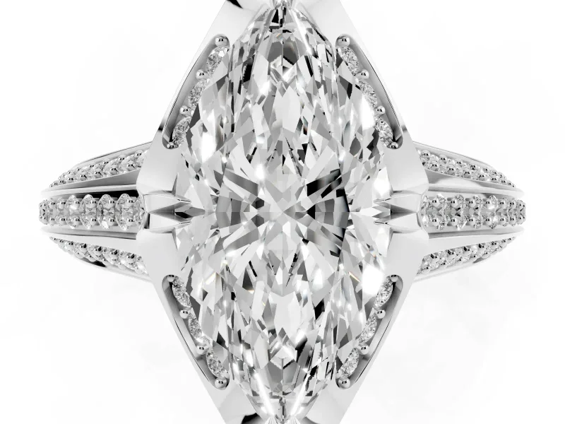 Marquise Cut Diamond Pavé Split Shank Solitaire Ring Set in Platinum with Prong Setting