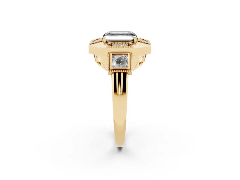 Fancy Black Asscher Cut Diamond Milgrain Halo Ring Set in Yellow gold with Split Shank