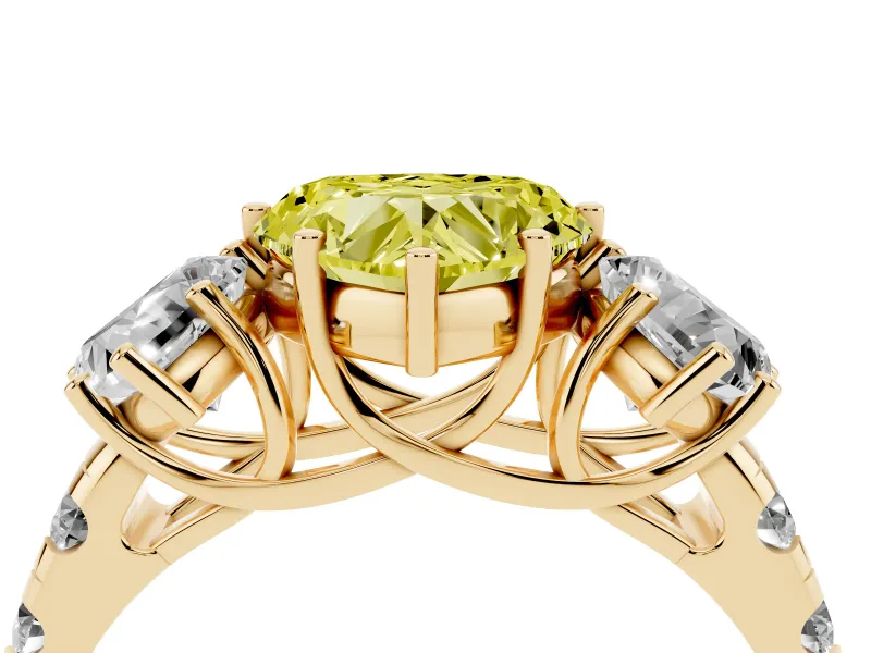 Fancy Yellow Heart Cut Diamond Three-Stone Ring Set in Yellow gold with Pavé Band
