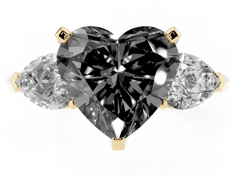 Fancy Black Three-Stone Heart Cut Diamond Ring Set in Yellow gold with Pear Side Stones and Prong Setting